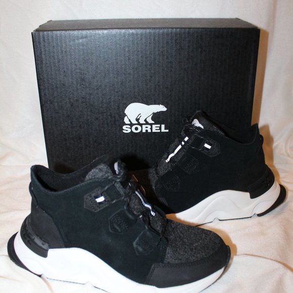 NIB SOREL WOMEN'S WATERPROOF‎ RNEGD KINETIC WINTER SNEAKER BOOTS BLACK WHITE - Picture 1 of 8
